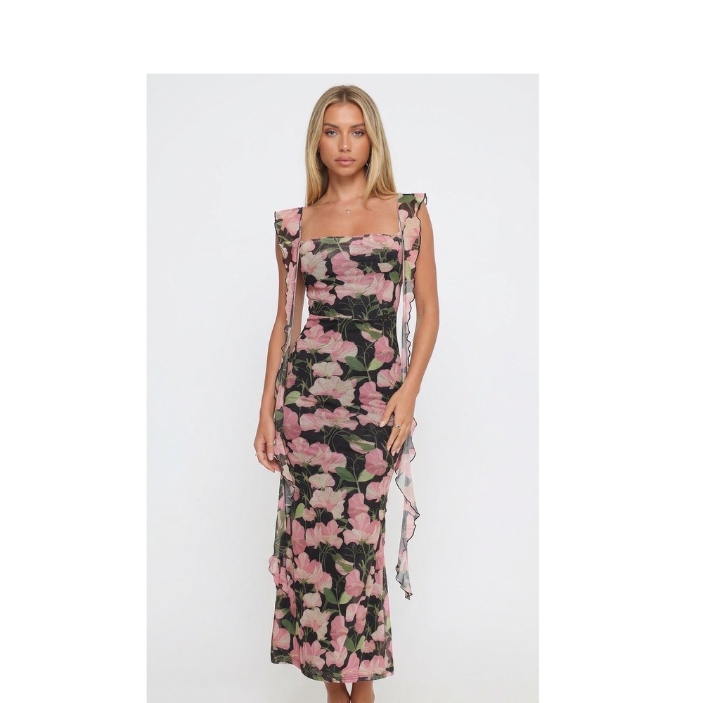 Petal & Pup Chiara Maxi Dress Black Pink Floral Mesh Ruffle Strap Square Neck XS